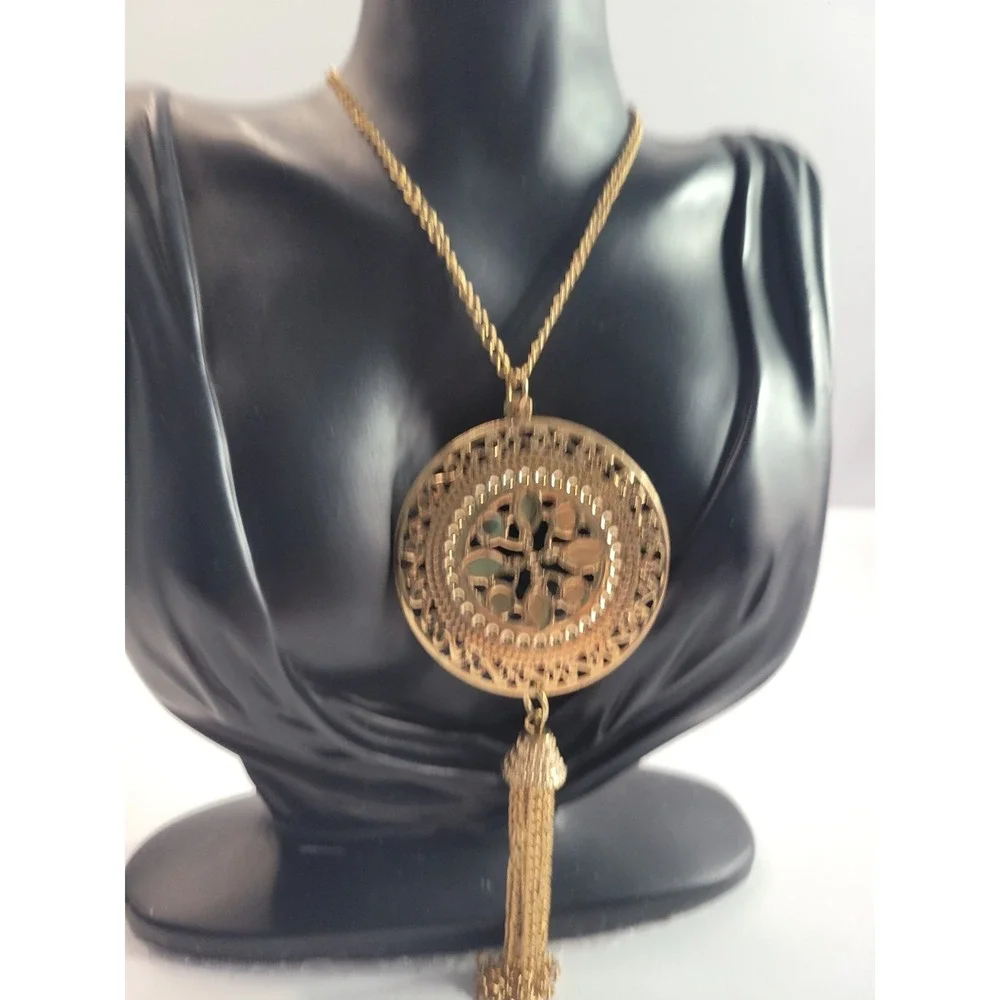 Gold Tone Medallion Tassel Necklace Openwork Filigree Boho Statement Jewelry